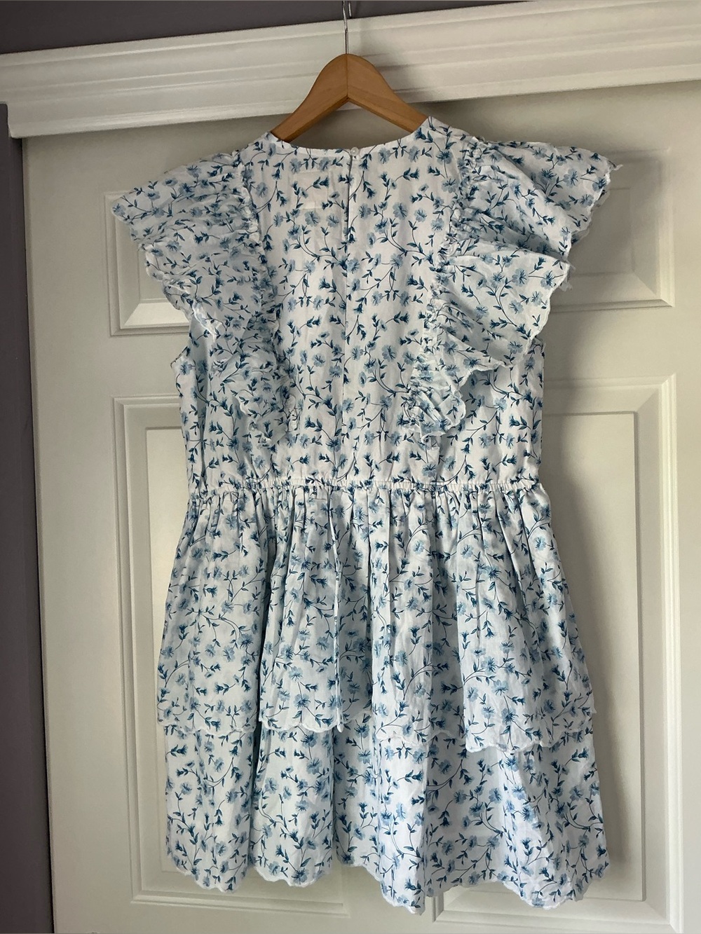 Simply Southern White with Blue Daisy Print Ruffle Sleeves Midi Tiered Dress L - Picture 6 of 15